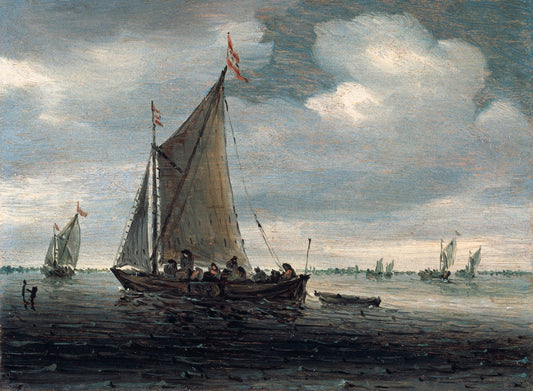 An estuary scene with a kaag  running before  light breeze, and others similar beyond, vintage artwork by Salomon van Ruysdael, 12x8" (A4) Poster