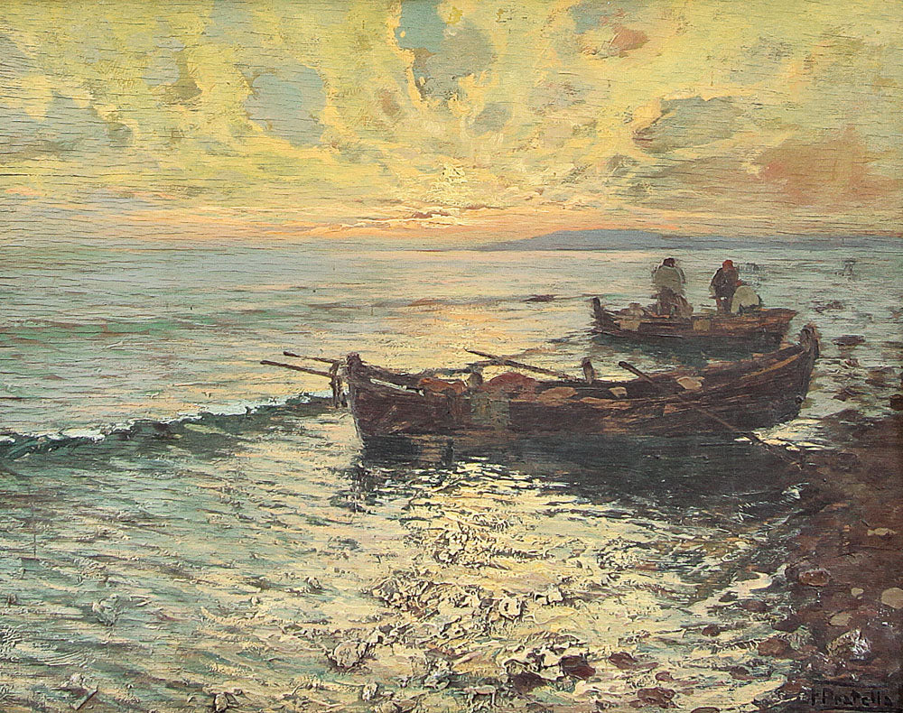 Fishermen at Sunset by Fausto Pratella,16x12(A3) Poster