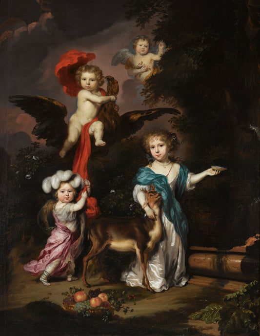 A Pastoral Family Portrait of Four Children, vintage artwork by Nicolaes Maes, 12x8" (A4) Poster