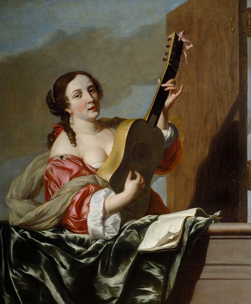 A lady playing a guitar on a balcony, vintage artwork by Attributed to Johannes van Bronckhorst, 12x8" (A4) Poster