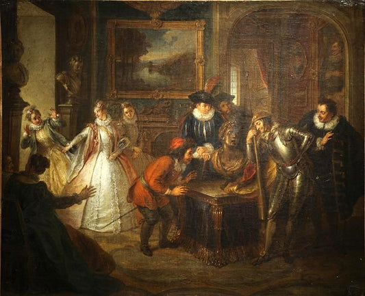Don Quixote Consulting the Inchanted Head, at the House of Don Antonia Mereno (Cherbourg version), vintage artwork by Charles-Antoine Coypel IV, 12x8" (A4) Poster