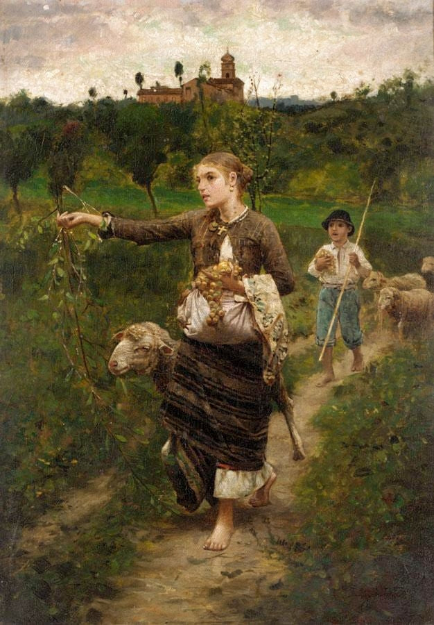 Guiding the Flock, vintage artwork by Francesco Paolo Michetti, 12x8" (A4) Poster