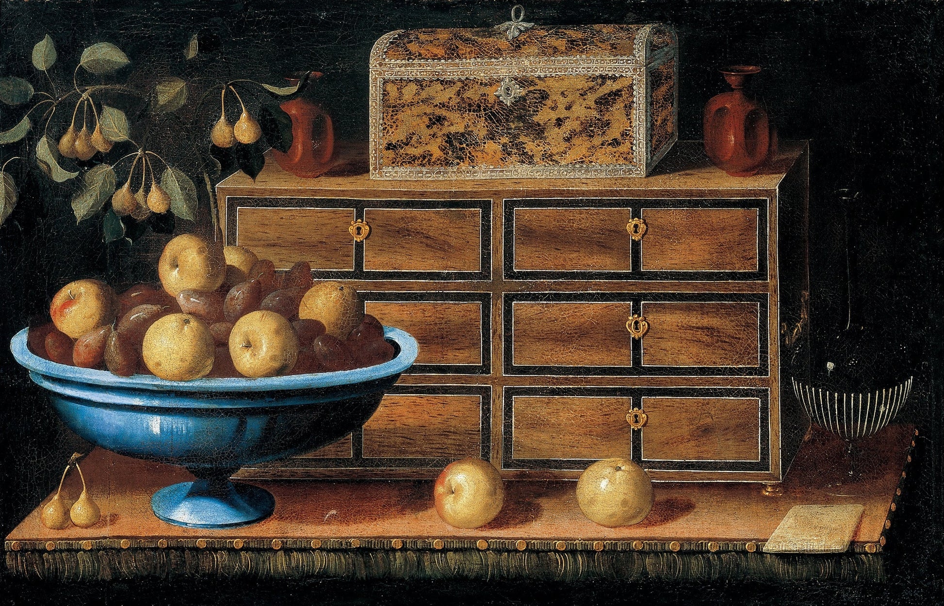 Writing Desk with a small Chest and a Fruit Bowl, vintage artwork by Pedro de Camprobin, 12x8" (A4) Poster
