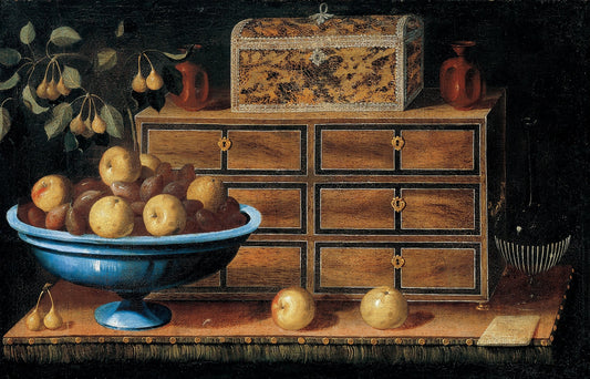 Writing Desk with a small Chest and a Fruit Bowl, vintage artwork by Pedro de Camprobin, 12x8" (A4) Poster