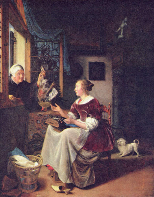A young lacemaker is interrupted by  a birdseller who offers her ware through the window, vintage artwork by Pieter Cornelisz van Slingeland, 12x8" (A4) Poster