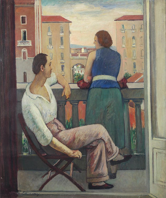 Figures on the Balcony, vintage artwork by Pietro Marussig, 12x8" (A4) Poster