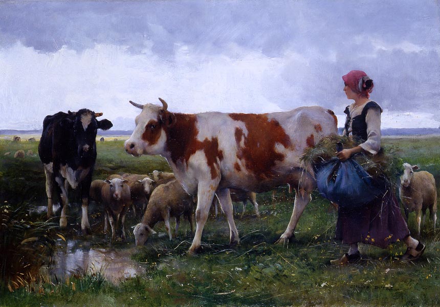 Peasant Woman with Cows and Sheep, vintage artwork by Julien Dupre, 12x8" (A4) Poster