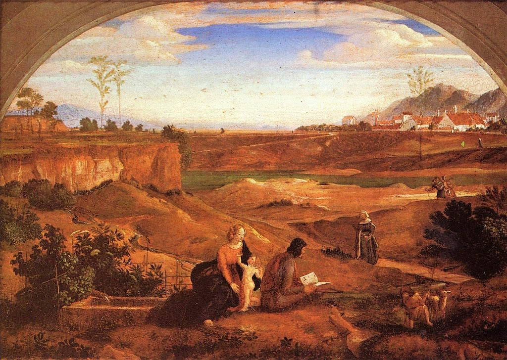 Holy Family with Saint John the Baptist in a Landscape, vintage artwork by Johann Heinrich Ferdinand Olivier, 12x8" (A4) Poster