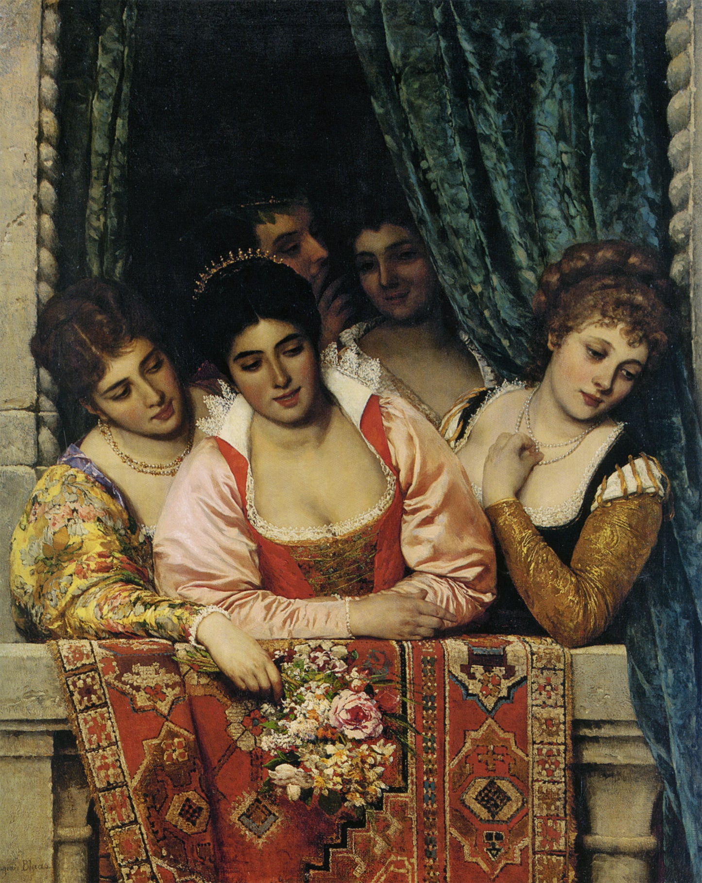 Ladies on a Balcony, vintage artwork by Eugene von Blaas, 12x8" (A4) Poster