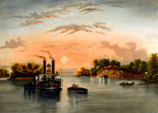 Steamboat and Barge at Sunset, vintage artwork by George Morrison, A3 (16x12") Poster Print