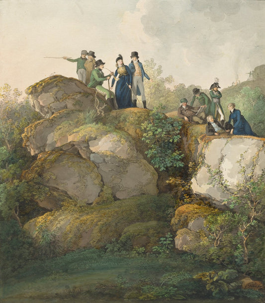 A Royal Party Admiring the Sunset atop the Hesselberg Mountain, vintage artwork by Johann Georg von Dillis, 12x8" (A4) Poster