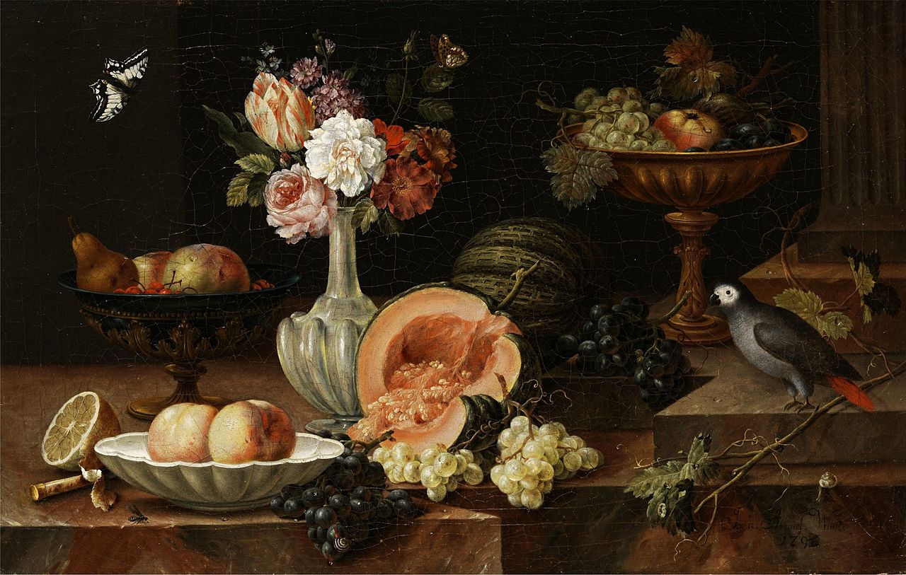 Still life with flowers, fruits and African gray parrot, vintage artwork by Johann Amandus Winck, 12x8" (A4) Poster