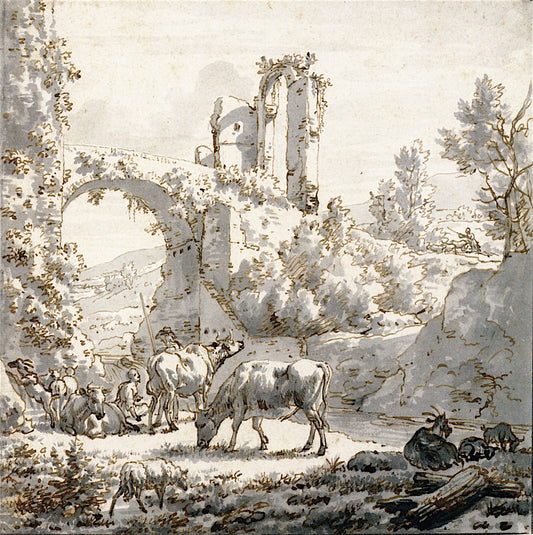 Herdsman and Herdsman with Livestock by  a Stream, vintage artwork by Adriaen van de Velde, 12x8" (A4) Poster