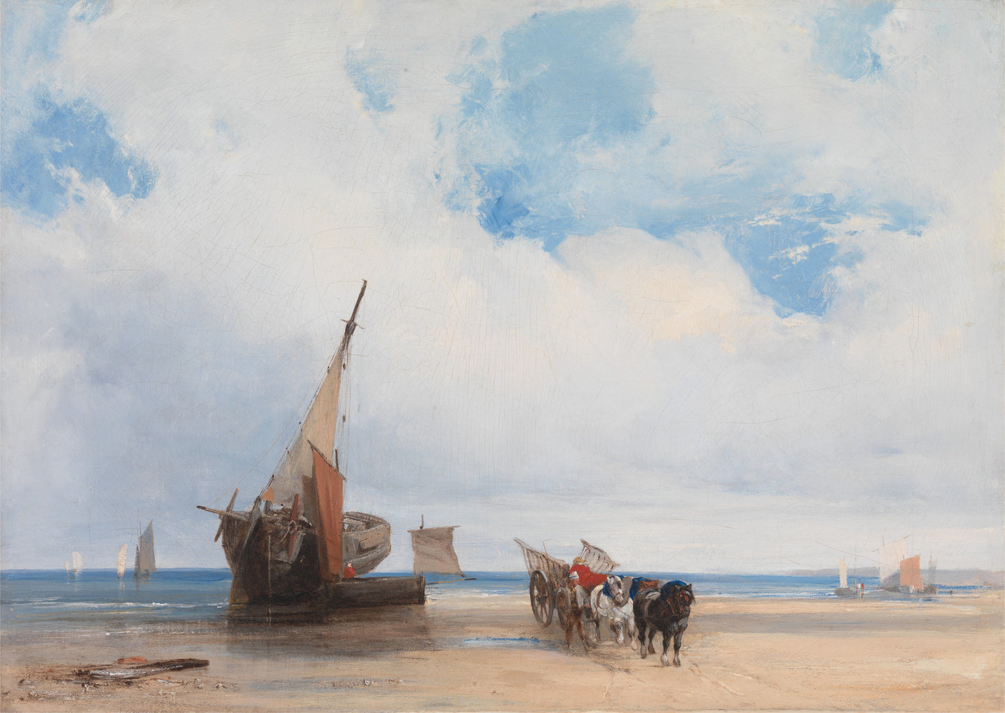 Beached Vessels and a Wagon near Trouville, vintage artwork by Richard Parkes Bonington, A3 (16x12") Poster Print