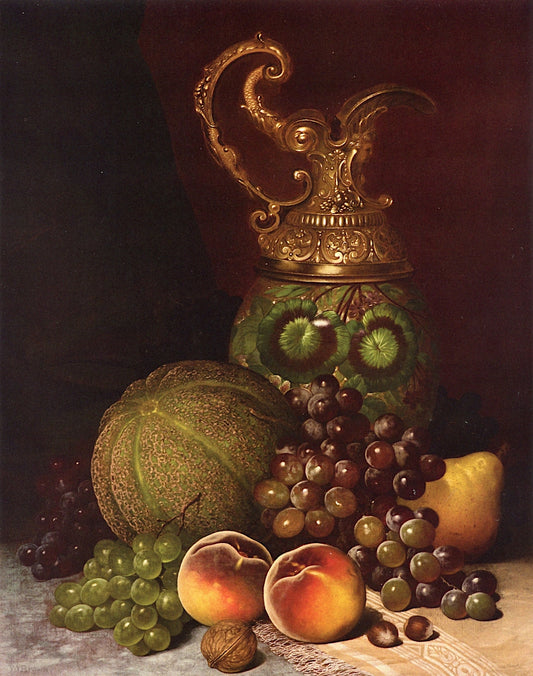 Fruit and Victorian Pitcher on a Tabletop, vintage artwork by William Mason Brown, 12x8" (A4) Poster