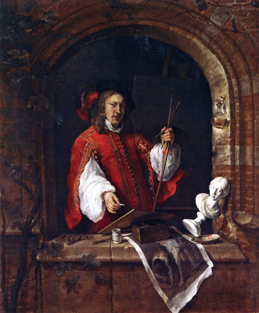 Self Portrait Standing at a Window, vintage artwork by Gabriël Metsu, 12x8" (A4) Poster