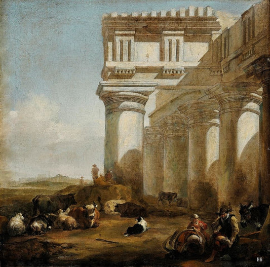 A Roman Temple with Cattle Herders, vintage artwork by Jan Weenix, 12x8" (A4) Poster