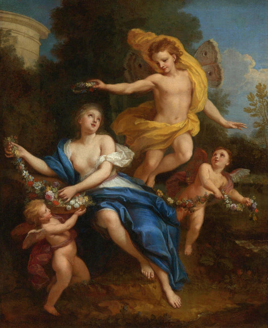 Zephyr Crowning Flora, vintage artwork by Louis de Boullogne the Younger, 12x8" (A4) Poster