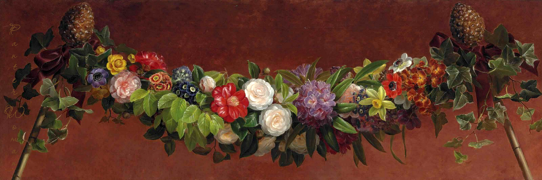 Garland of spring and summer flowers, vintage artwork by Johan Laurentz (J.L.) Jensen, A3 (16x12") Poster Print