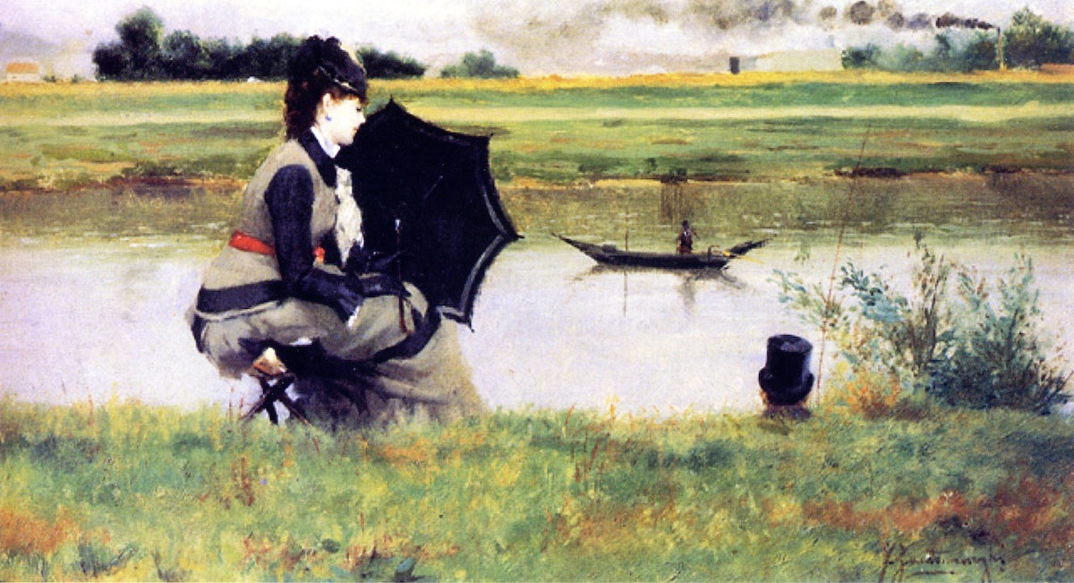 Fishing on the Seine, vintage artwork by Federico Zandomeneghi, 12x8" (A4) Poster