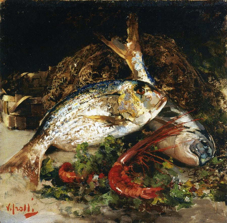 Sill LIfe with Fish, vintage artwork by Vincenzo Irolli, 12x8" (A4) Poster