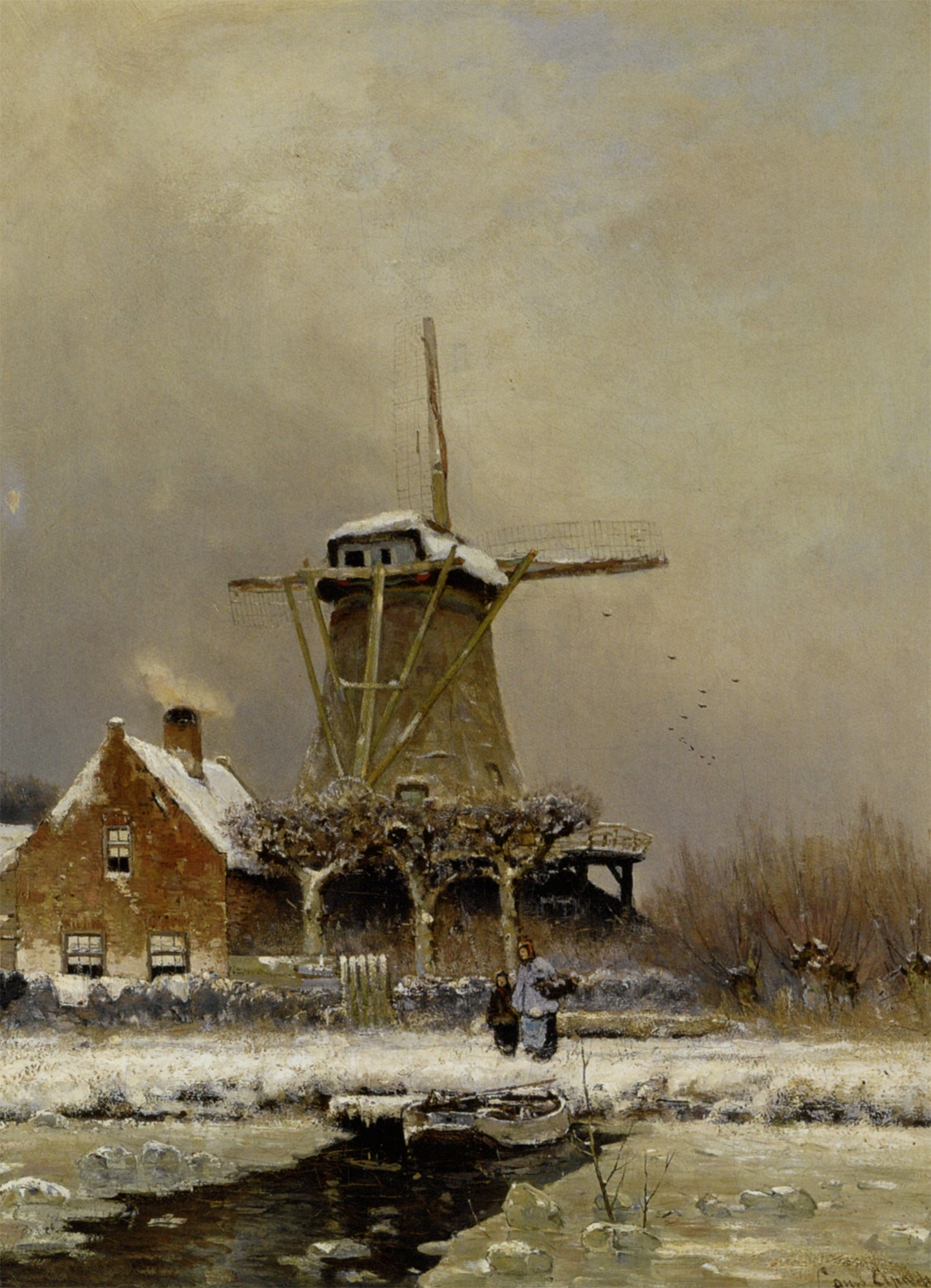 Figures by  a Windmill in a Snow-Covered Landscape, vintage artwork by Louis Apol, 12x8" (A4) Poster