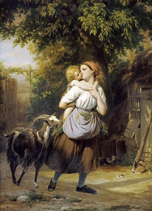 A Mother And Child With A Goat On A Path, vintage artwork by Fritz Zuber-Buhler, 12x8" (A4) Poster
