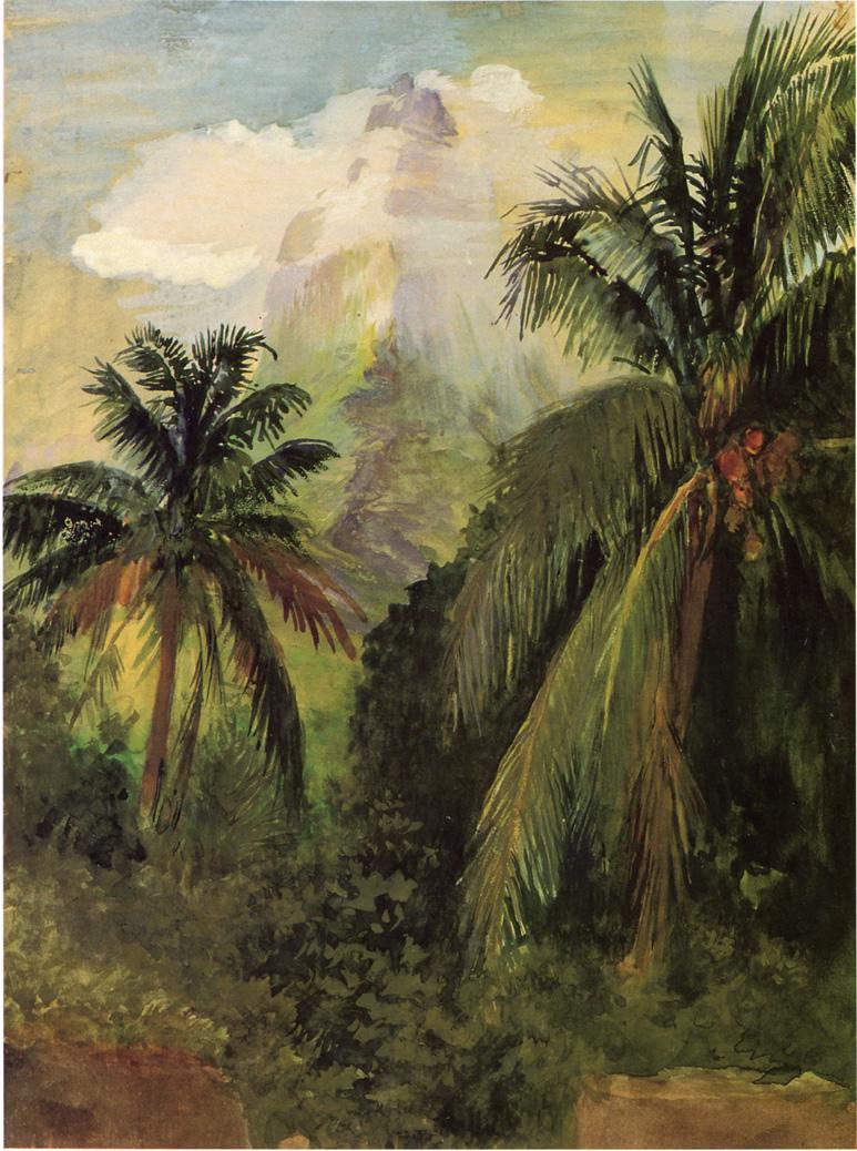 Early Morning, Uponohu, Looking South Towards Peak of Maua Roa, from Our Hiuse, Garden Wall in Front, vintage artwork by John La Farge, 12x8" (A4) Poster