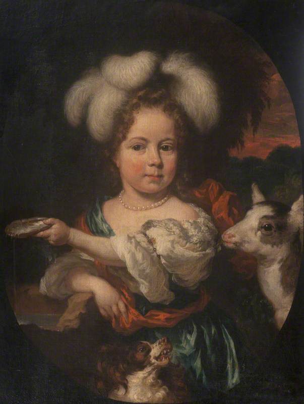 Portrait of a Young Girl with a Feather Headdress and a Kid, vintage artwork by Nicolaes Maes, 12x8" (A4) Poster
