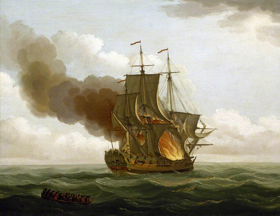 The 'Luxborough' Galley on Fire, vintage artwork by John Cleveley the Elder, 12x8" (A4) Poster