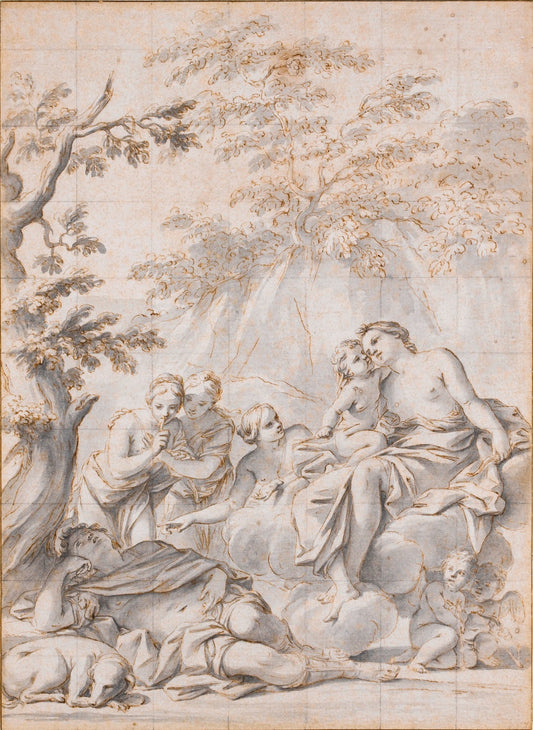 Story of Venus and Diana - Venus Observing the Sleeping Adonis with Nymphs and Putti, vintage artwork by Marcantonio Franceschini, 12x8" (A4) Poster