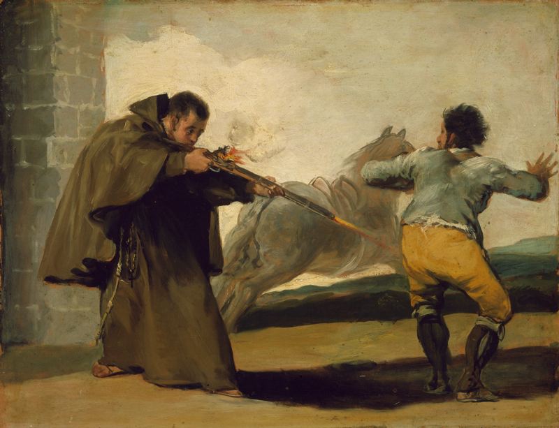 Friar Pedro Shoots El Maragato as his Horse Runs Off, vintage artwork by Francisco de Goya y Lucientes, 12x8" (A4) Poster