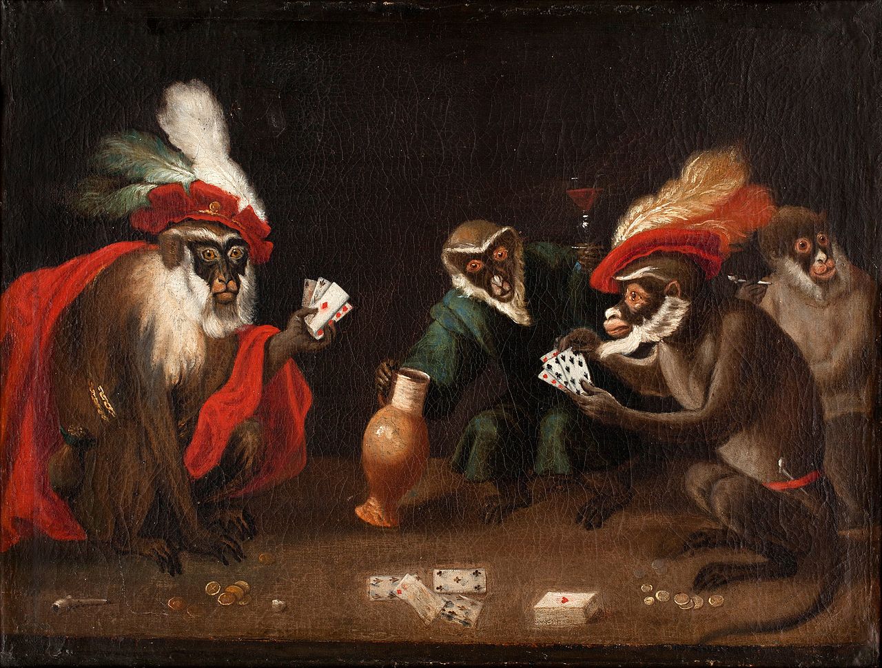 Apes Playing Cards, vintage artwork by Abraham Teniers, 12x8" (A4) Poster