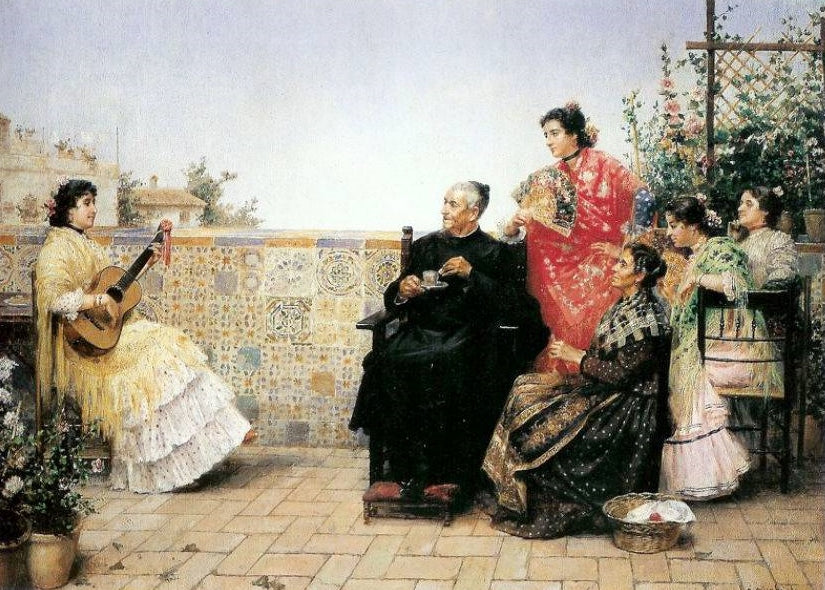 Visit of the Priest, vintage artwork by Jose Rico y Cejudo, 12x8" (A4) Poster