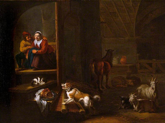 Doorway with Couple Embracing, vintage artwork by Hendrik Martensz. Sorgh, 12x8" (A4) Poster