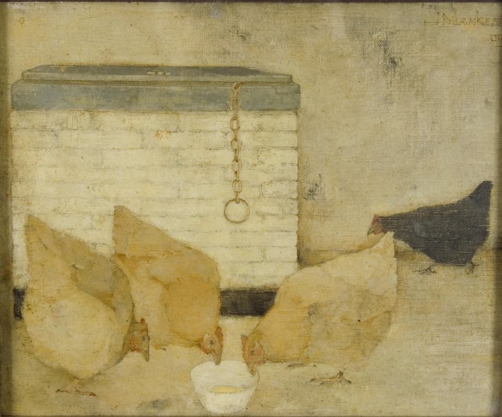 Watering Chickens, vintage artwork by Jan Mankes, 12x8" (A4) Poster