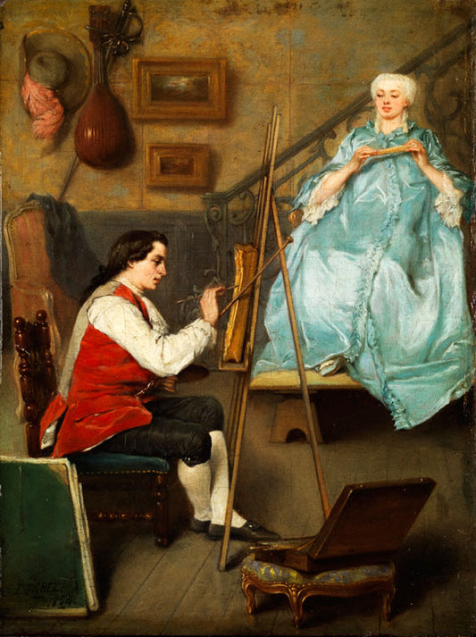 Junger maler beim portraitieren einer junger frau in blauen seidenkleid, vintage artwork by Benjamin Eugene Fichel, 12x8" (A4) Poster