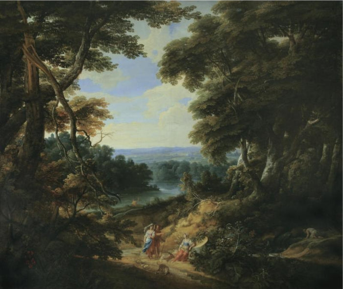 Landscape with a Castle and Figures, vintage artwork by Jacques d'Arthois, 12x8