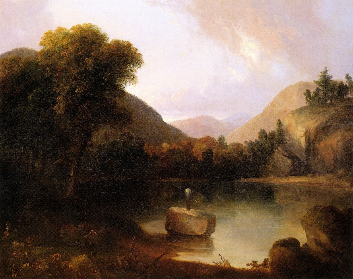 Mountain Lake with Man Fishing, vintage artwork by Thomas Doughty, A3 (16x12") Poster Print