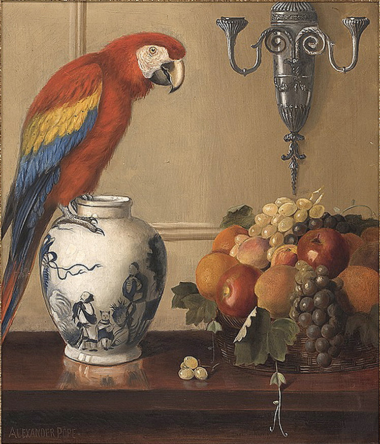 Still life of Macaw, Chinese Vase and Fruit, vintage artwork by Alexander Pope, 12x8" (A4) Poster