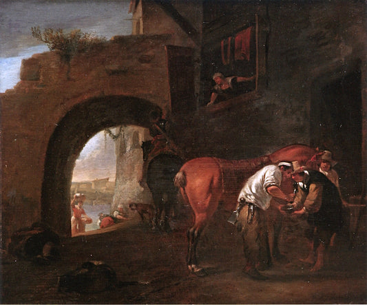 A Blacksmith on the Outskirts of a City Wall, an Italianate River Landscape Beyond the Archway, vintage artwork by Hendrick Verschuring, 12x8" (A4) Poster