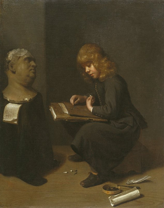 Boy Drawing Before the Bust of a Roman Emperor, vintage artwork by Michiel Sweerts, 12x8" (A4) Poster