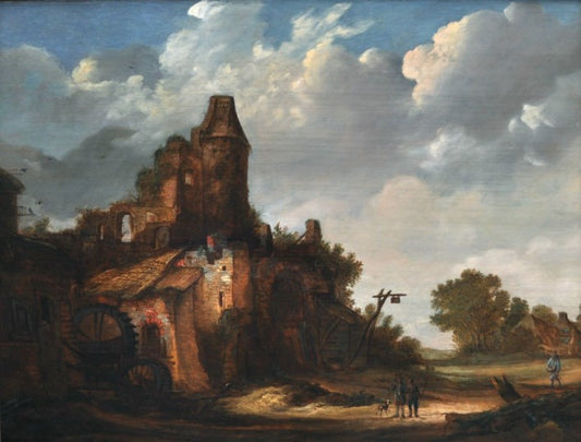 A Watermill beside a Ruined Castle, vintage artwork by Roelof van Vries, 12x8" (A4) Poster