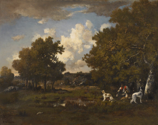 Boy with Four Spaniels, Fontainebleau Forest, vintage artwork by Narcisse Dìaz de la Peña, A3 (16x12") Poster Print