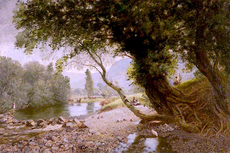 The Ivy, The Oak and The Bonnie Birken Tree, Bettws-y-Coed, vintage artwork by Sir David Scott Murray, 12x8" (A4) Poster