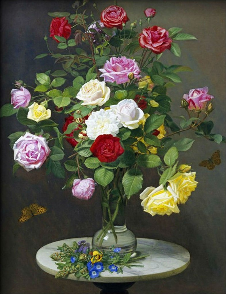 A bouquet of roses on a marble table, vintage artwork by Otto Didrik Ottesen, A3 (16x12") Poster Print