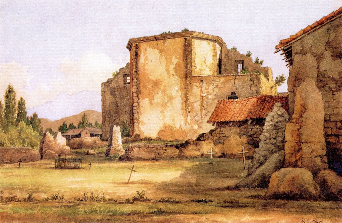 Rear of San Juan Capistrano Mission, from the Cemetery, vintage artwork by Henry Chapman Ford, 12x8" (A4) Poster