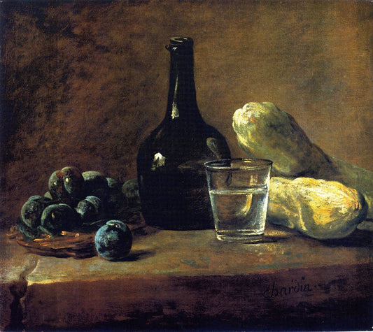 Basket of Plums, Bottle, Glass of Water and cucumbers, vintage artwork by Jean-Baptiste-Simeon Chardin, 12x8" (A4) Poster