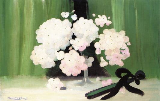 Still Life of Flowers and a Fan, vintage artwork by James Stuart Park, 12x8" (A4) Poster