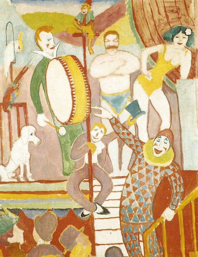 Circus Picture II: Pair of Athletes, Clown and Monkey, vintage artwork by August Macke, 12x8